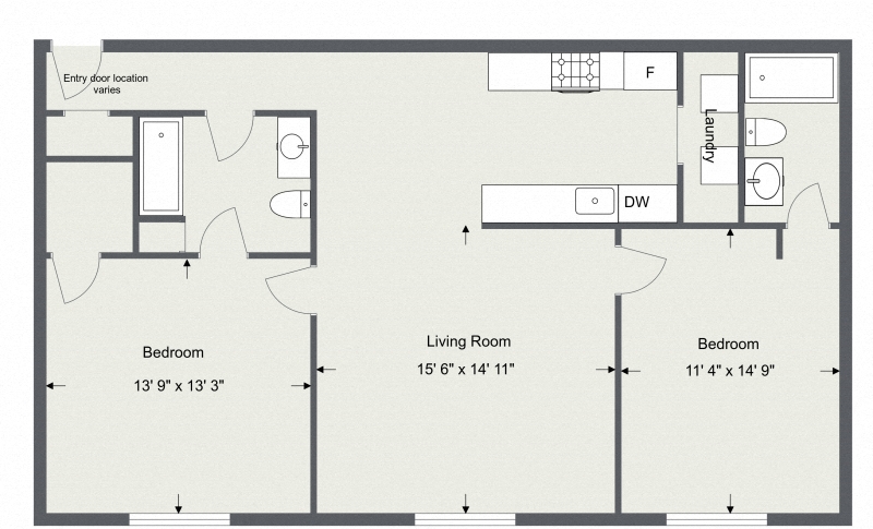 Floor plan for 2 beds, 2 baths, 1005 sqft